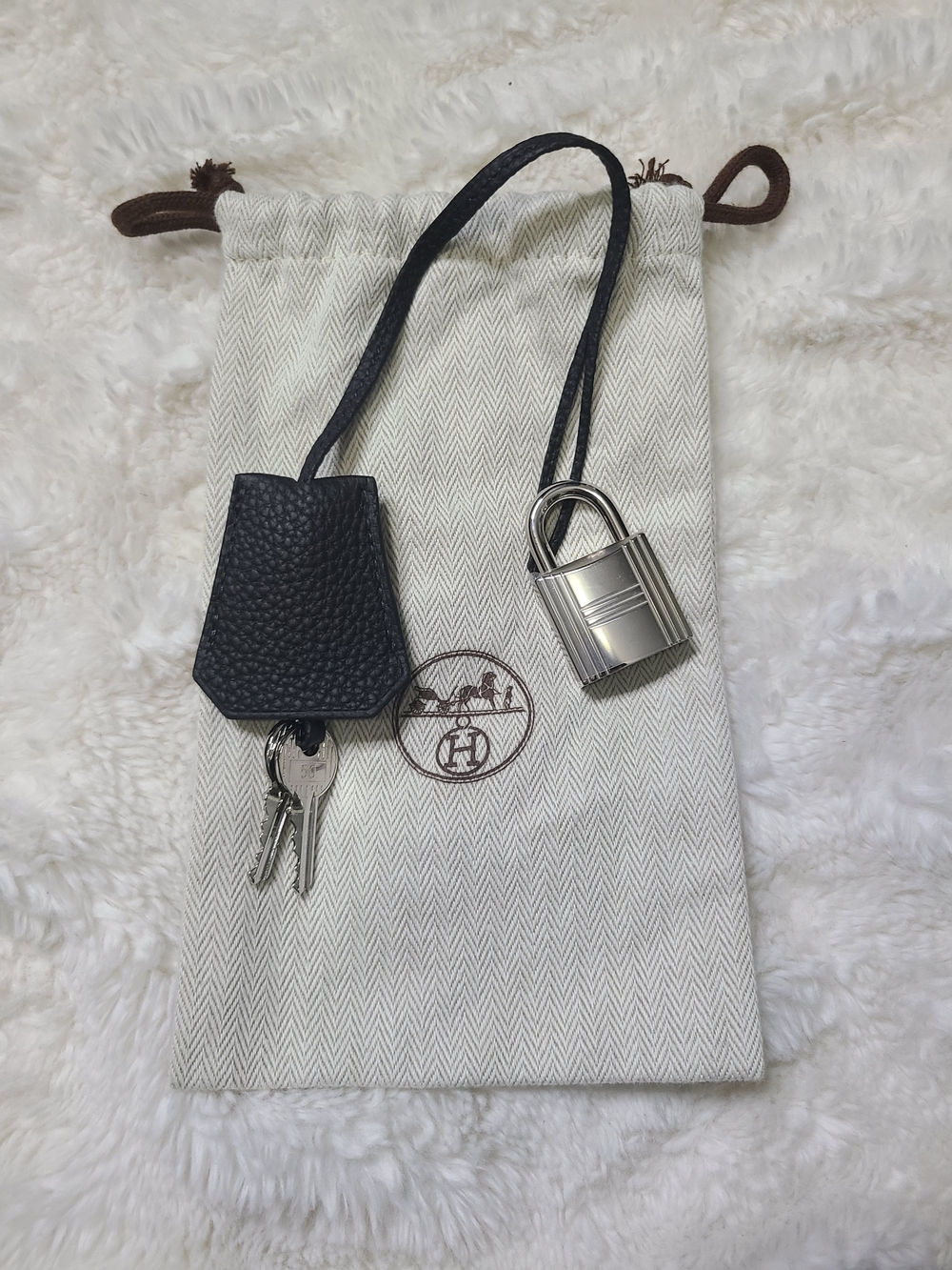 Hermes Black Leather Key Bell with Silver-Tone Padlock